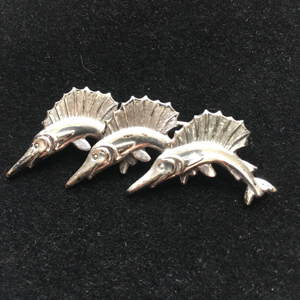 Vintage Sterling Silver Beaucraft Triple 3 Sailfish Swordfish Marlin Brooch Pin